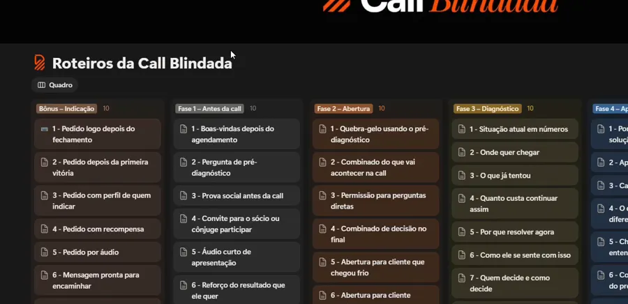 Print do Notion: Quadro de roteiros por fase